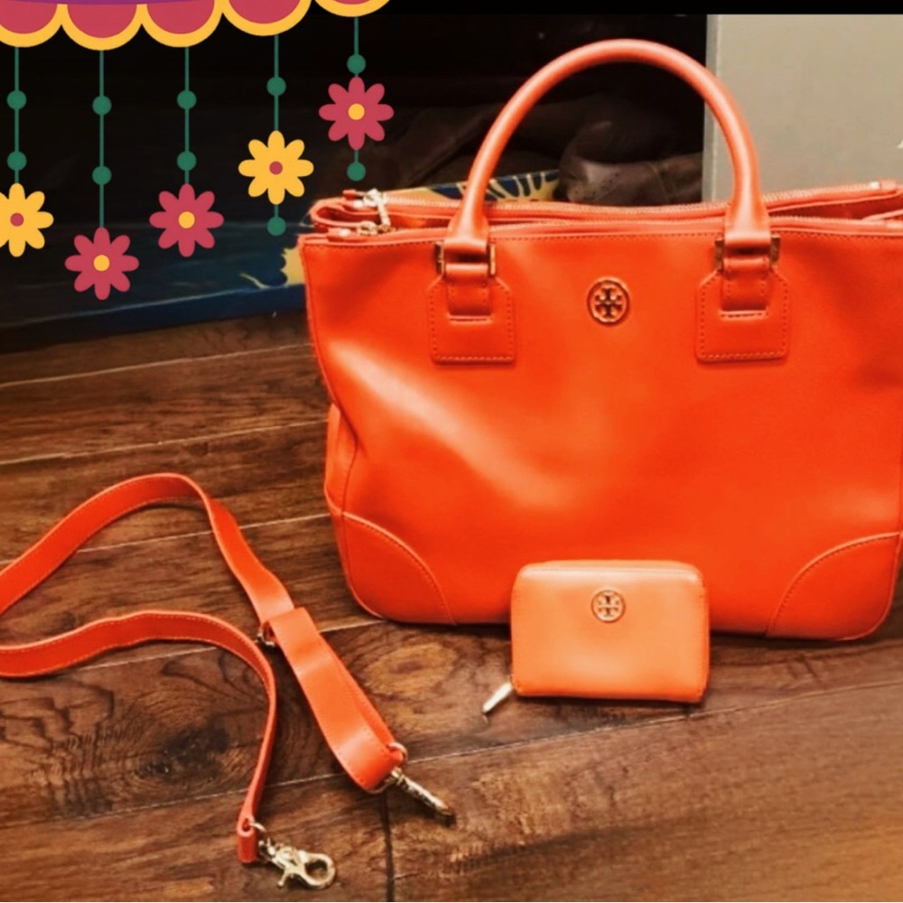 Tory Burch Vibrant Orange Satchel and Wallet Set